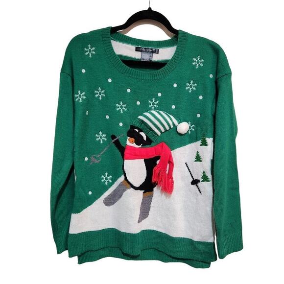 united states sweaters Sweaters - Ugly Christmas Sweater Green Skiing Penguin Women's Mediun Cute Winter 3D Raised